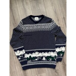 TOPMAN Navy Fair Isle Alpine Mountain Snowman Holiday Christmas Sweater M